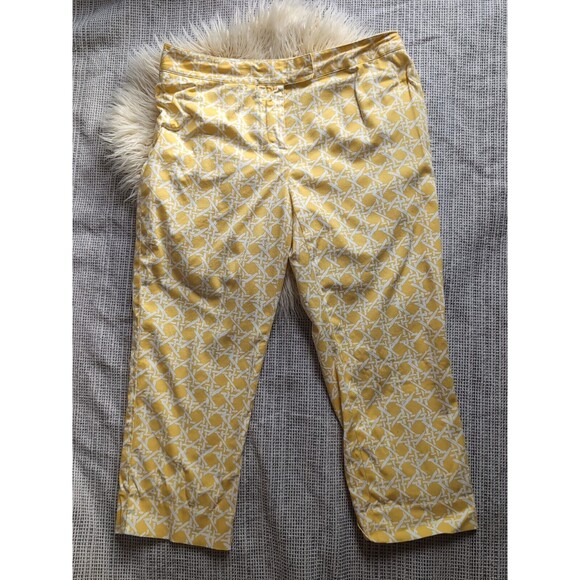 Liz & Co Women's 12 Cropped Ankle Capri Pants Yellow White Print High Waisted - Picture 2 of 8